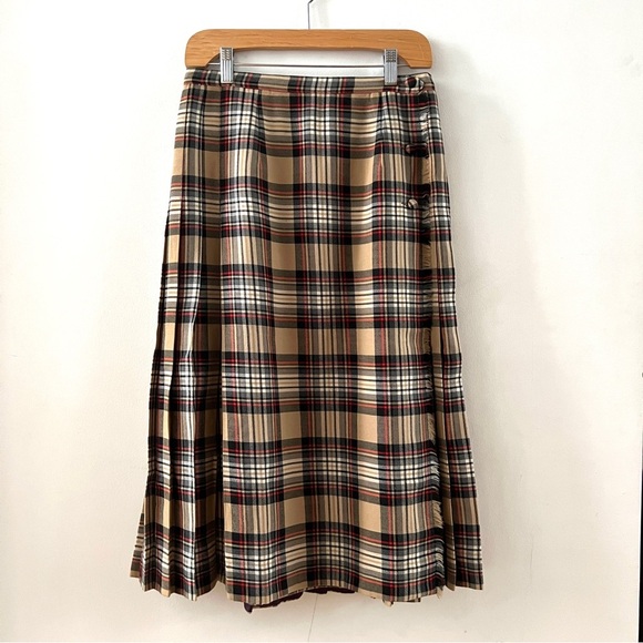 Vintage Tan Tartan Wool Plaid Kilt Midi Skirt with Button Detail Vintage - Picture 1 of 8